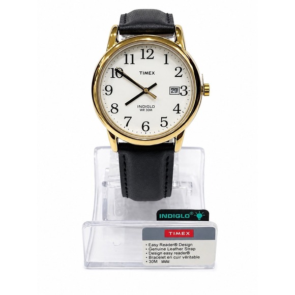 Timex Other - Timex Easy Reader Men's Gold Tone Watch White Dial Black Leather Band Date